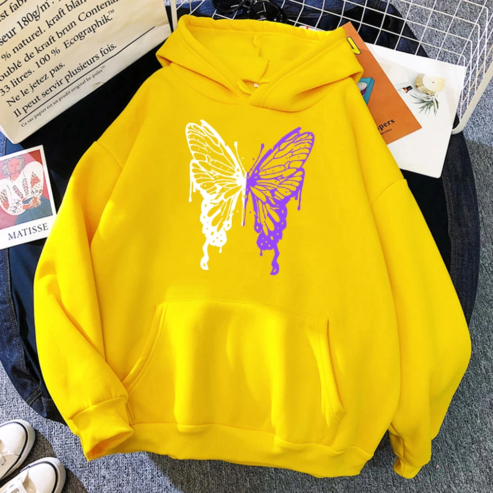 White And Purple Butterflies Personality Funny Womens Clothing Fashion Fleece Hoodies Loose Sweatshirt Casual Soft Female Hoody