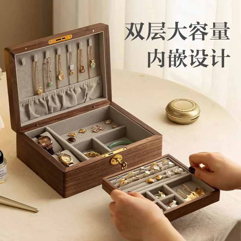 

Luxury Black Walnut Jewelry Box Double Layer Large Capacity Earrings Necklace Storage Organizer