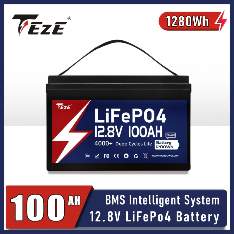 Teze 12V 100AH LiFePO4 Battery with Bluetooth/Active Balancer/IP65, Built-in 100A BMS for RV Trolling Motor Camping Power