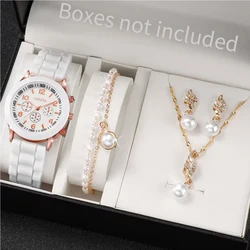 4PCS/Set Geneva Watch Pealrs Jewelry Set Fashion Silicone Band Women Quartz Wristwatch Female Casual Clock（Without Box）