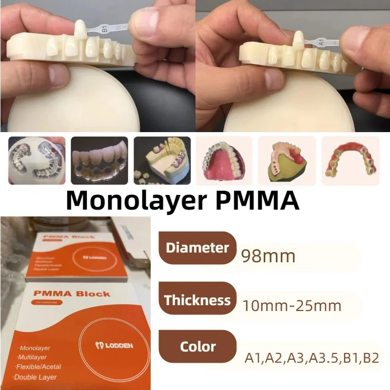 LODDEN-PMMA Dentaire Monocouche 98mm, pour Laboratoire, Production de Couronnes Dentaires, Ponts, Modèle, Matériau, Disque en Résine Monochrome