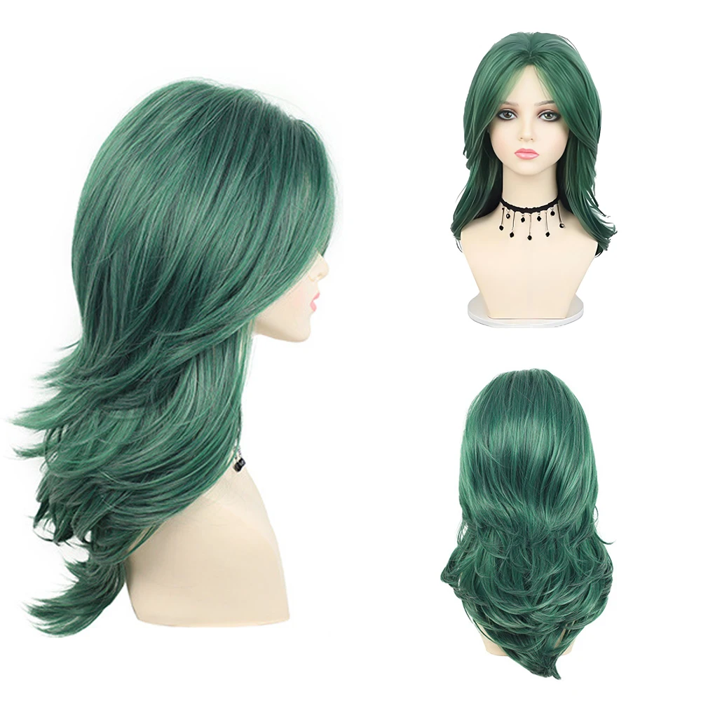 Peruca Sintética Verde de Alta Qualidade de 19 Polegadas com Camadas Onduladas, Adequada para Uso Diário, Festas e Cosplay, Natural e Resistente ao Calor