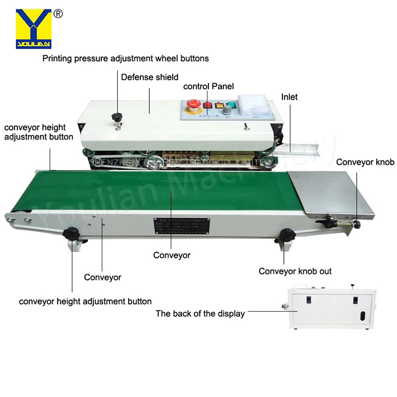 FR-900 연속 밴드 실러 음료 플라스틱 필름 종이 봉투 및 목재 포장용 자동 수평 열 씰링 기계