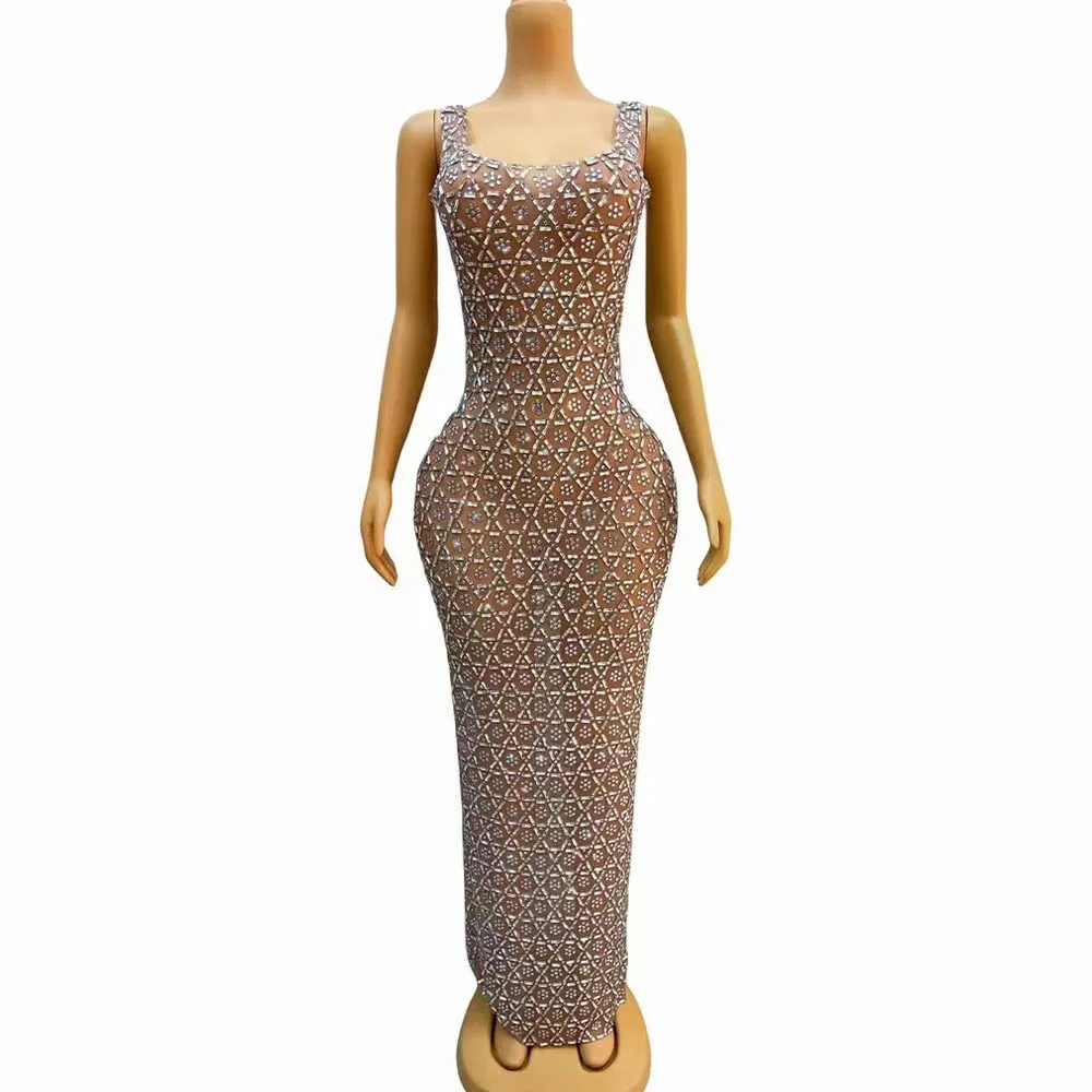 Women Sexy Sparkly Crystals Luxury Beaded See Through African Women Birthday Party Gowns Black Girl Long Prom Photoshoot Dress