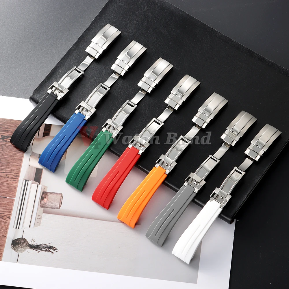 منحني نهاية حزام ساعة مطاطي 20 مللي متر 21 مللي متر 22 مللي متر ل رولكس للمياه شبح مقاوم للماء سيليكون المعصم الفرقة للطي مشبك سوار #3