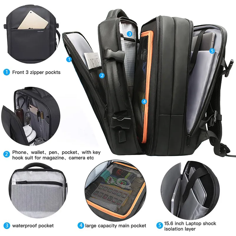 HK Travel Backpack Men Business Backpack Expandable School Bag Large Capacity 15.6\