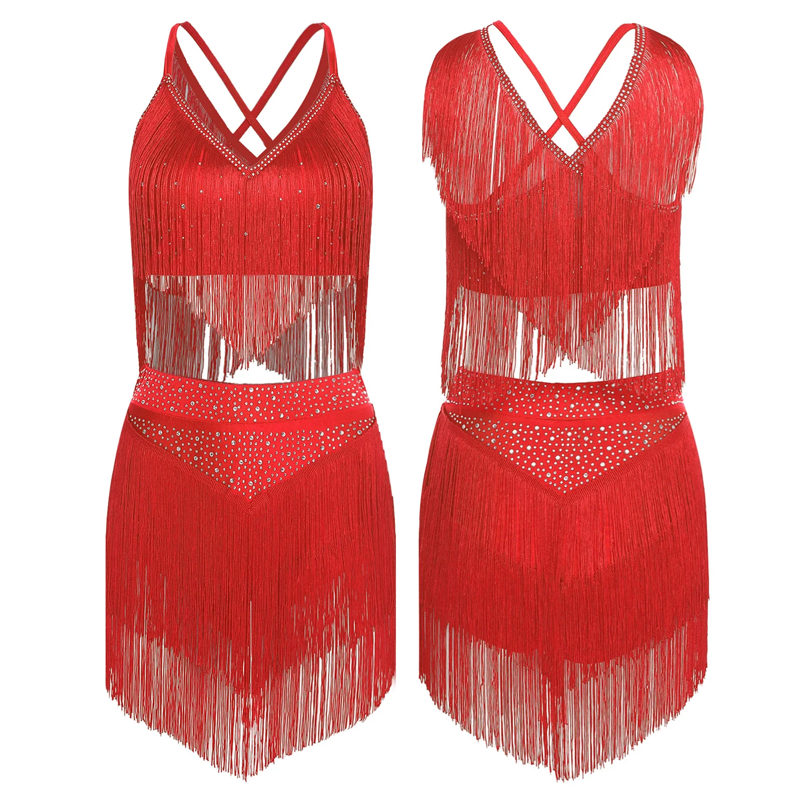 

Women Latin Dance Costume Samba Salsa Chacha Tango Performance Outfit Sleeveless Fringe Crop Top with Tiered Tassels Skirt Set