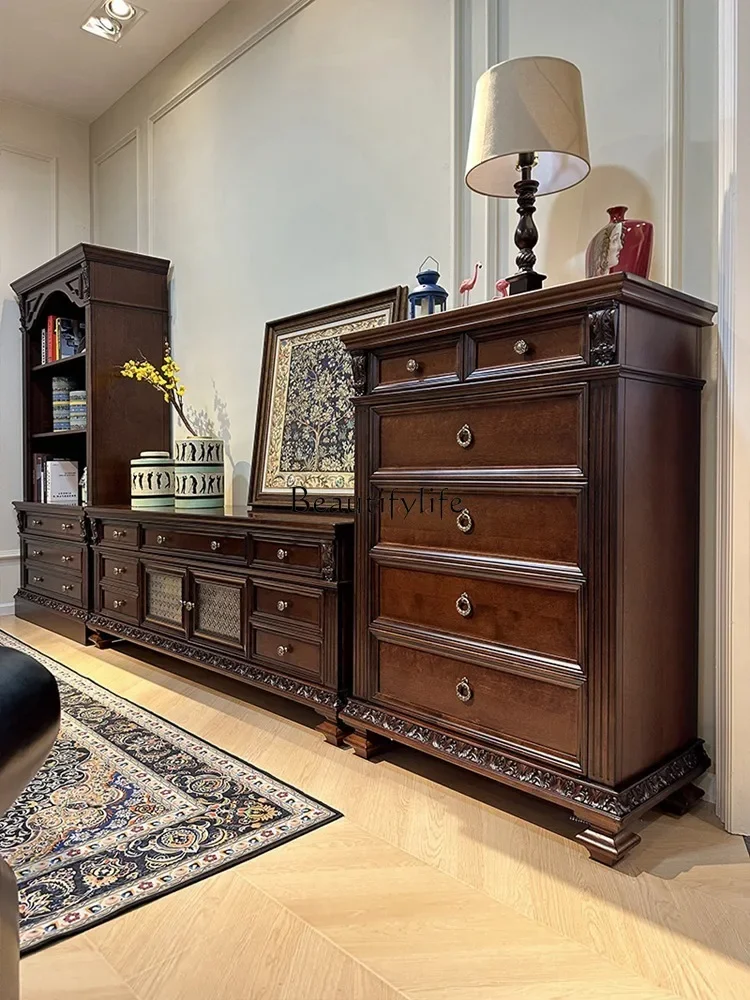 

02 American chest pure solid wood carving flower living room side cabinet storage villa master bedroom chest