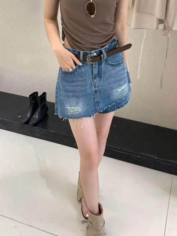 

Retro Frayed Hole Denim Short Skirt Pants Women's High Waist Slimming Hot Girl Bodycon Half-length Pants Skirts Summer New Ar...