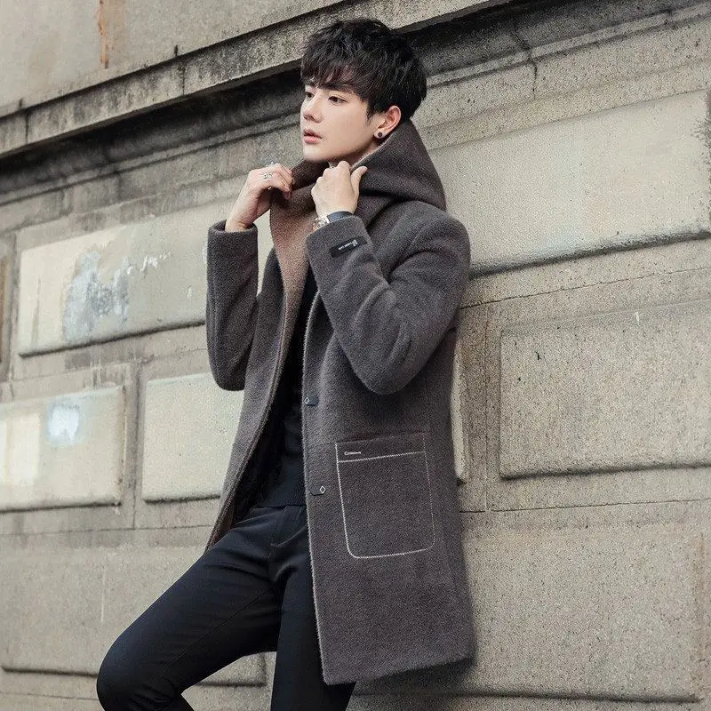 

Faionable Woolen Coat with Hood Medium Length Autumn Winter New Sle Quali Outerwear Scenery 020 Youth Vitali Sle