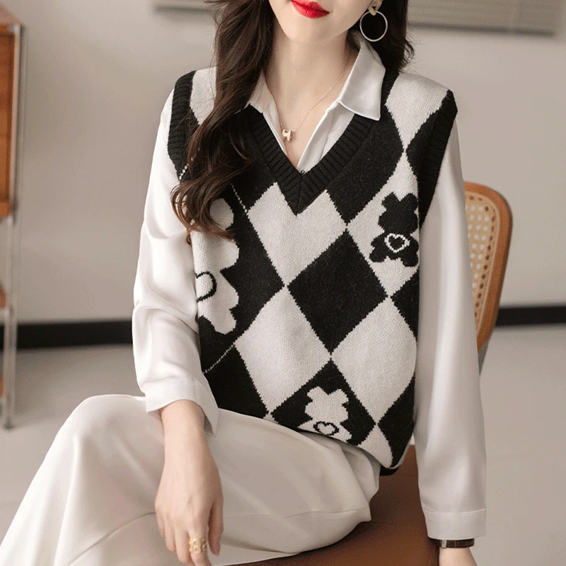 Women Vintage Argyle Simple V Neck Sleeveless Outewear Knitted Sweater Vest Autumn Winter Female Casual Loose Pullover Waistcoat