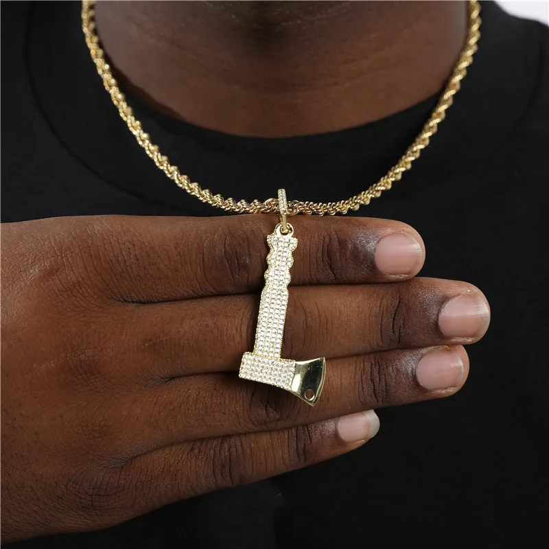 

Gold Color Axe Hatchet Pendant Men's Hip Hop Necklace Chain Solid Back Bling Cubic Zircon Fashion Rock Rapper Jewelry