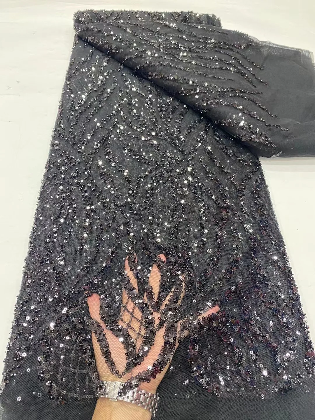 ナイジェリア産高級ラグジュアリーシークイン刺繍レース生地、フランス製ハンドメイドチュールビーズレース生地、女性用ウェディングドレス用