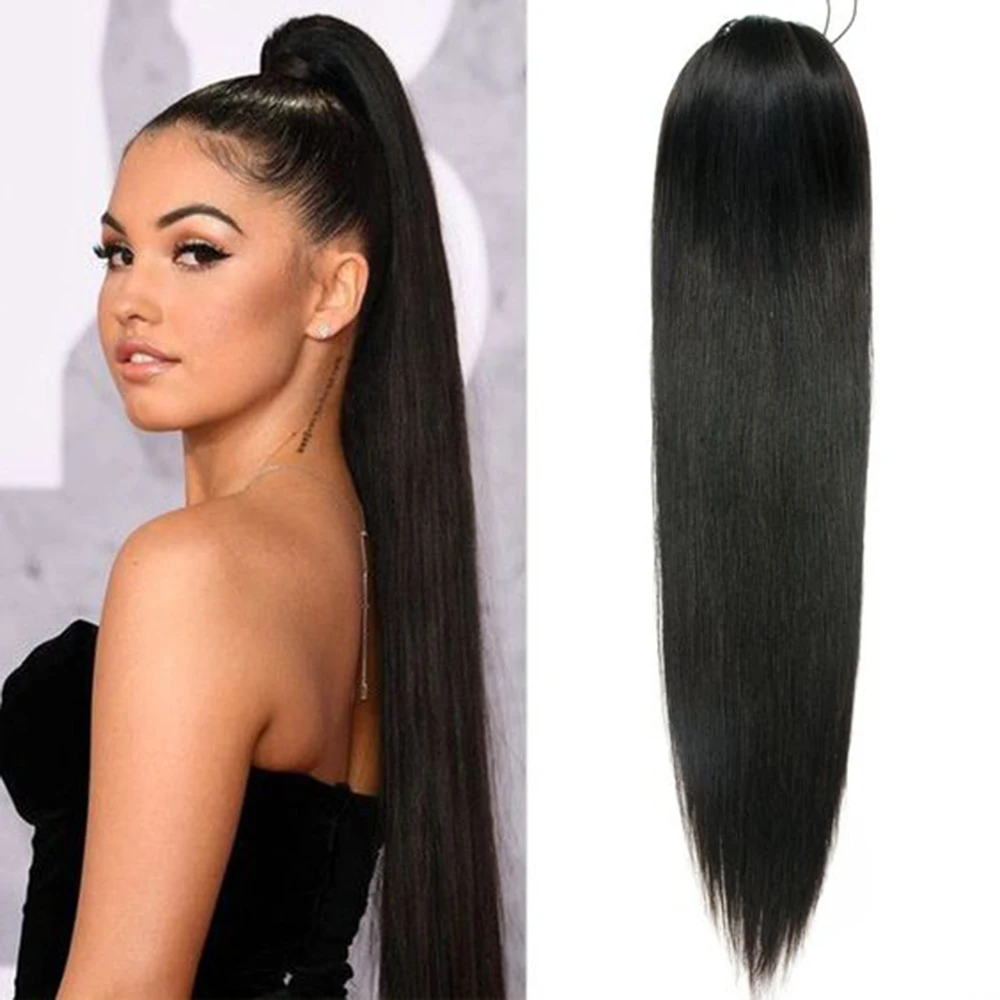 Extensões retas do cabelo humano com grampo para mulheres, rabo de cavalo do cordão, cor natural, 10 "-26", 100g, 1 PC