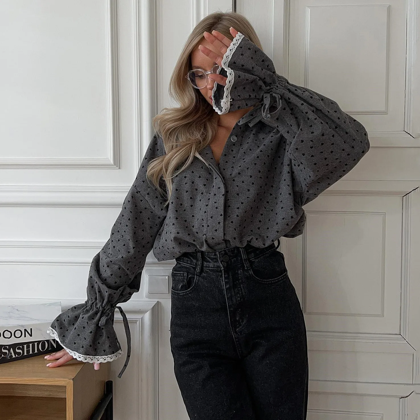 ラブハートレースパッチワークロングスリーブレディースオープンカーディガンirtルーズフィットヨーロピアンスレ秋コレクションファイオンレディース