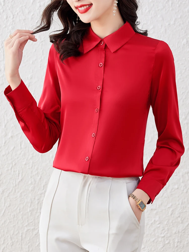 Fashion Solid Ladies Shirts Long Sleeve Lapel Slim Blouses Women Elegant Female Simple Spring OL Tops Clothing Blusas Mujer 2024