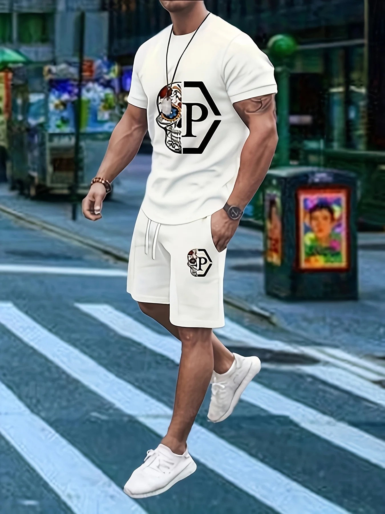 

Men's 3D digital printed casual suit short sleeved shorts set