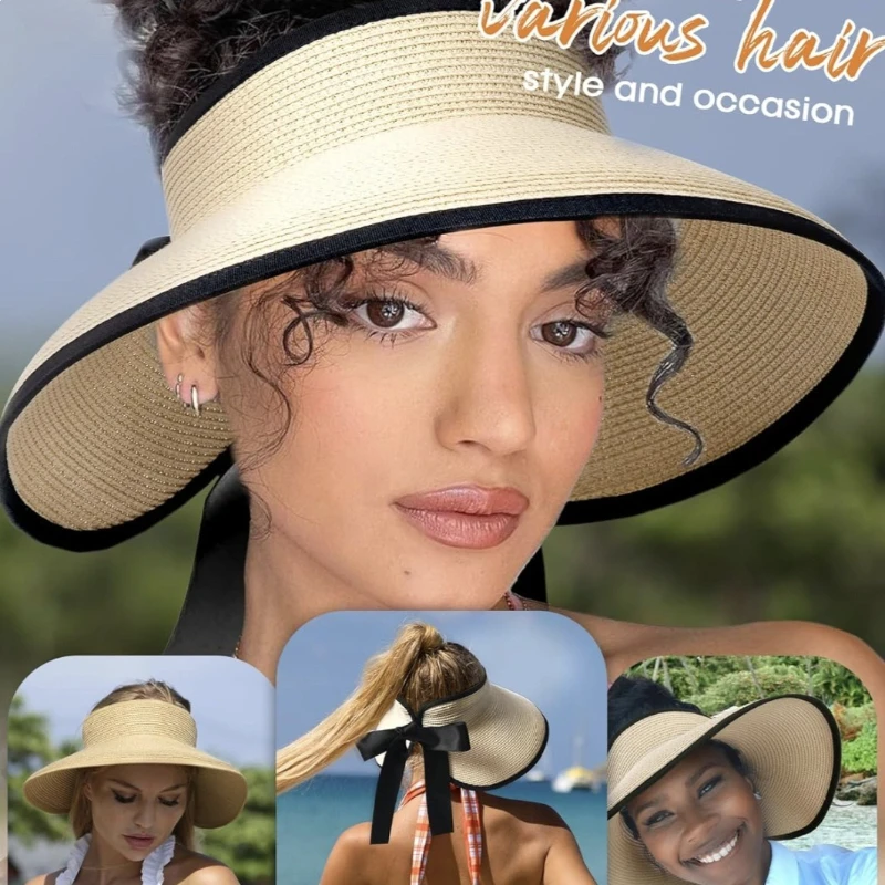 

New Women's Foldable Straw Sun Hat Sun hat with a wide brim Adjustable, open-top beach hat for outdoor hiking on the beach