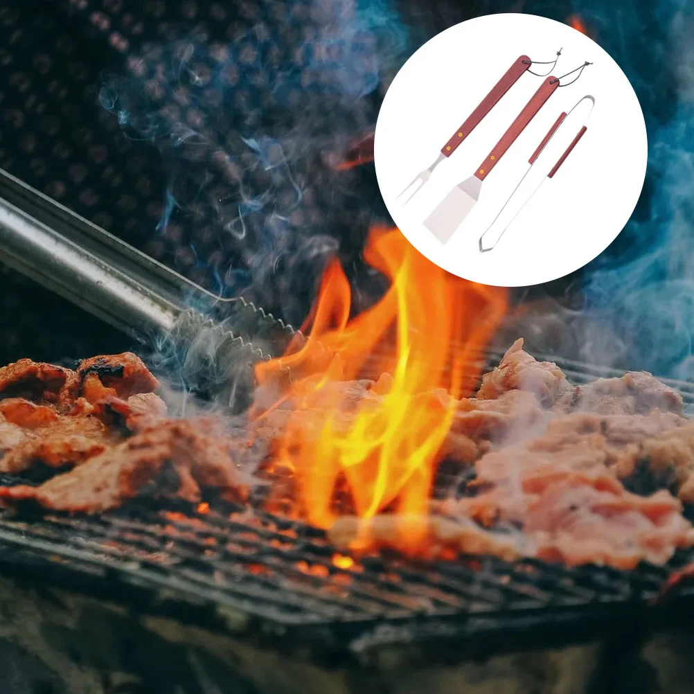 

3 Pcs Barbecue Accessories Wooden Handle Stainless Steel Fork Spade Clip Bbq Outdoor Picnic Tool Grill Utensils Silver