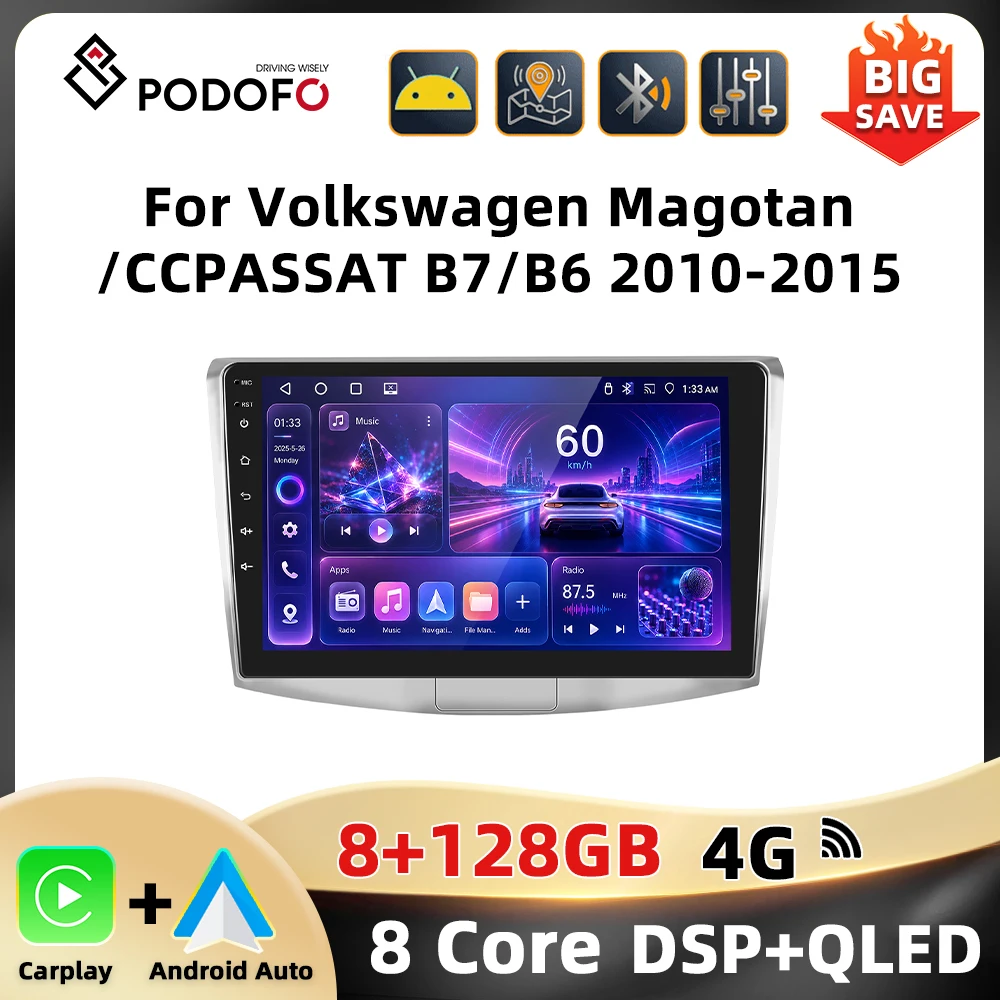 Podofo 10'' 2Din Áudio Automotivo para Volkswagen Magotan/CC 2010-2014 PASSAT B7/B6 2010-2015 Reprodutor Multimídia Carplay Android Auto WIFI 4G GPS