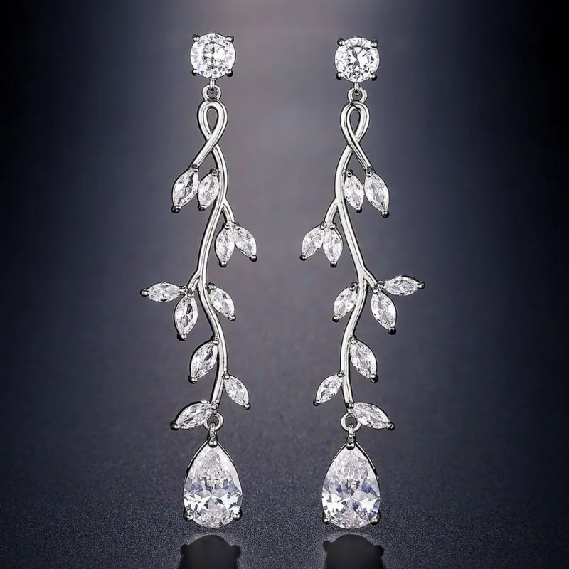 Huitan Ästhetische Lange Baumeln Ohrringe Frauen Voll Gepflastert Funkelnden Zirkonia Exquisite Weibliche Hochzeit Ohrringe Trendy Schmuck
