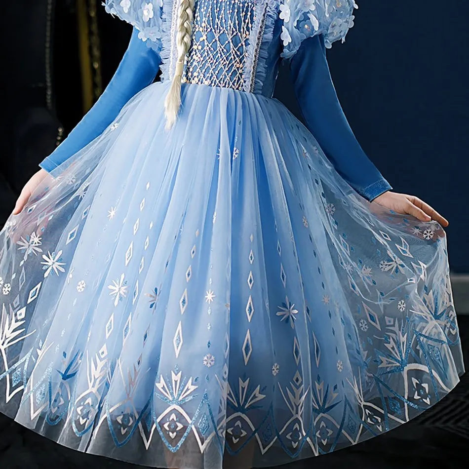 Autumn Winter New Ice and Snow Romance Princess Dress Long sleeved Blue Elsa Princess Dress Halloween Children's Cosplay Dress