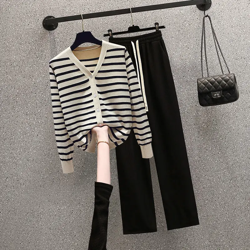 Autumn Striped Patchwork V-neck Knitted Sweater Cardigan Casual Wide Leg Pants Two-piece Set Fashionable Women's Pants Set Outfi