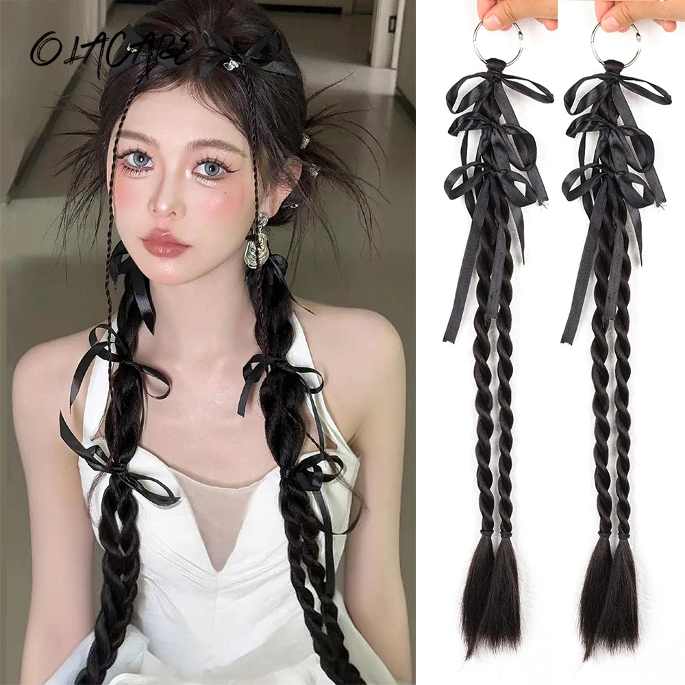 

2 шт., синтетический парик, двойная коса, веревка на голову, лента, женский сладкий натуральный студенческий стиль, галстук-бабочка, 20 дюймов, металлическое кольцо, хвост