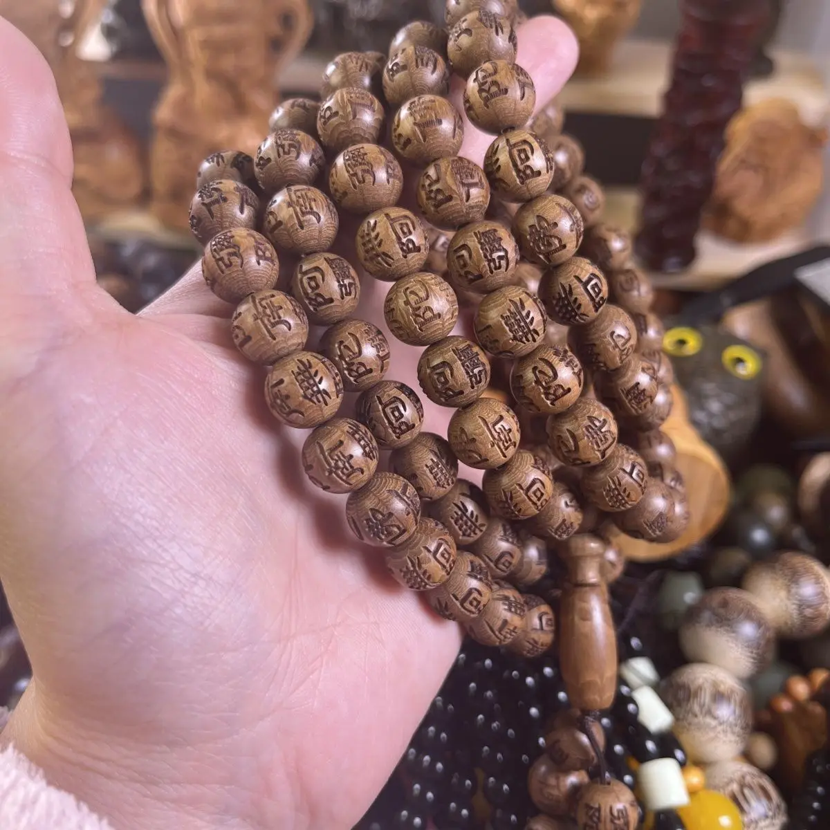 Natural Old Material Premium Six Paths Wood Buddhist Beads Engraved Amitabha 108 Beads Handheld Rosary Collectible Jewelry