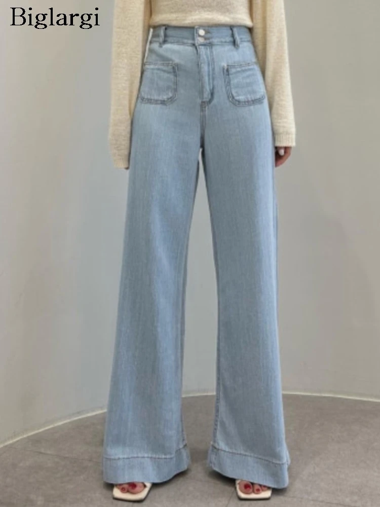 

Джинсы Демисезонные женские расклешенные брюки, Свободные плиссированные модные женские брюки в Корейском стиле, повседневные женские длинные брюки с высокой талией