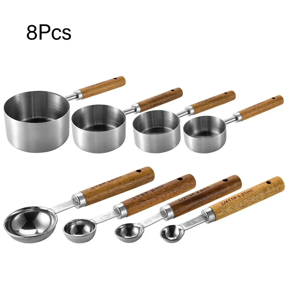 

8Pcs Measuring Cup Spoon Sets Stainless Steel Wooden Handle Coffee Flour Scoop Bartending Scale Kitchen Cooking Gadget Sets