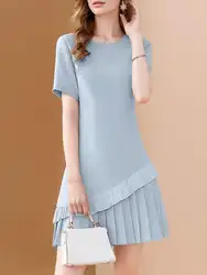 ZANZEA 2024 Korean Pleating Dress Fashion Women Elegant Solid O-neck Mini Sundress Summer Casual Loose Vestido Short Sleeve Robe