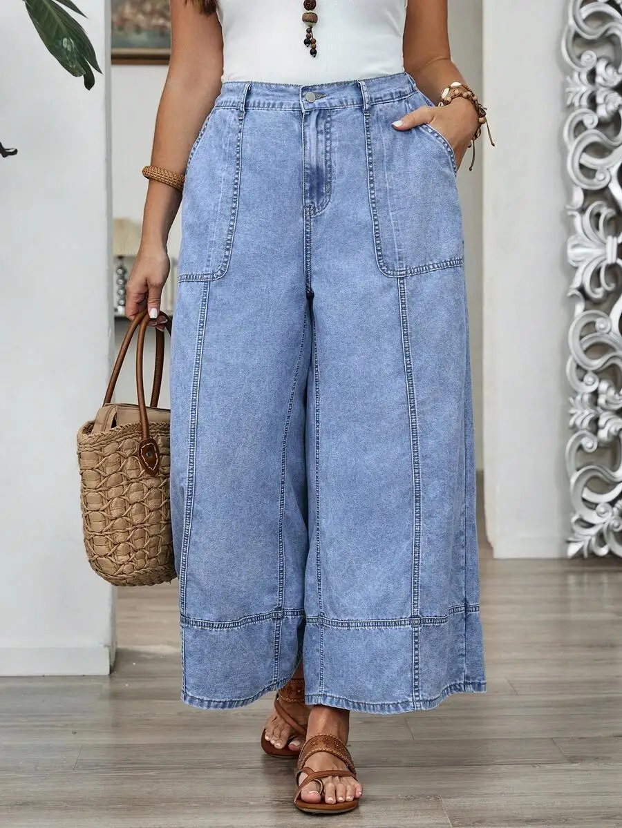 

Plus Size Women Summer Casual Loose Wide Leg Denim Jeans With Pockets