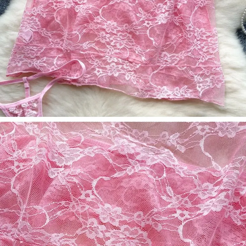 Roze Cross Strap See-through Kant Korte Jurk Backless Holle Boog Onregelmatige Hotsweet Sexy Vrouwen Pyjama Nachtkleding Nieuw in Kleding