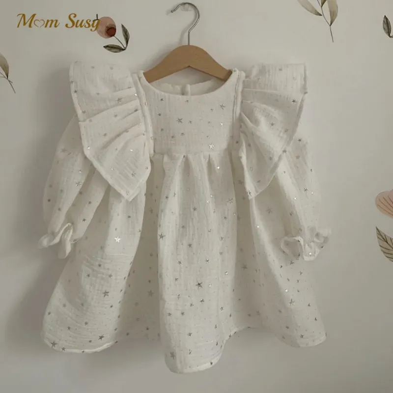 

Baby Girl Princess Sequins Cotton Ruffle Dress Long Flared Sleeve Spring Autumn Infant Toddler Child Vestido Baby Clothes 1-5Y