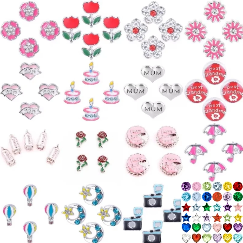 20Pcs/Lot Cute Rose Flower Birthday Cake Mum Mom Floating Relicario Locket Charms Moon Star Hot Air Balloon кулон Jewelry Bulk