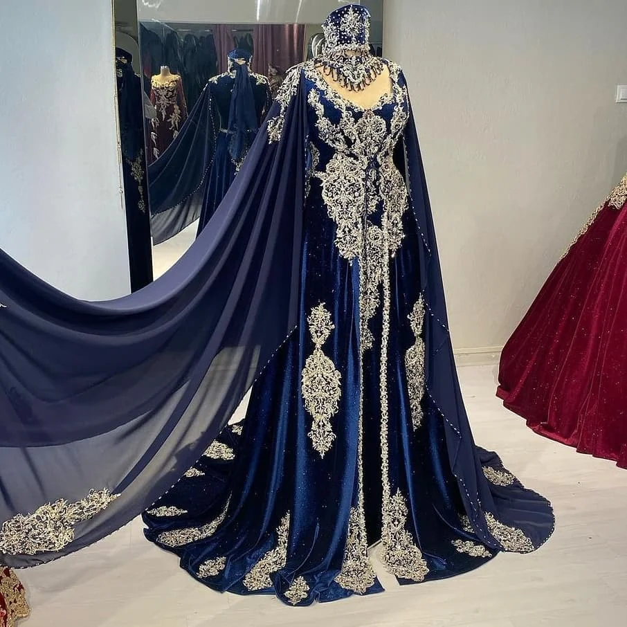 Traditional Navy Blue Turkish Wedding Dress Arabian Ottoman Moroccan Bride Dress 2025 Long Sleeve Muslim Bridal Party Customized