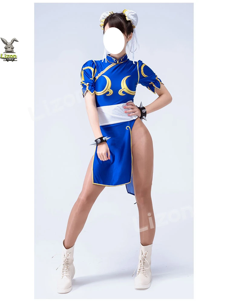 Anime Chun Li Cosplay Costume Dress Game Chunli Role Play Blue Qipao Outfit Full Set Jackie Kung fu Halloween Party Suit