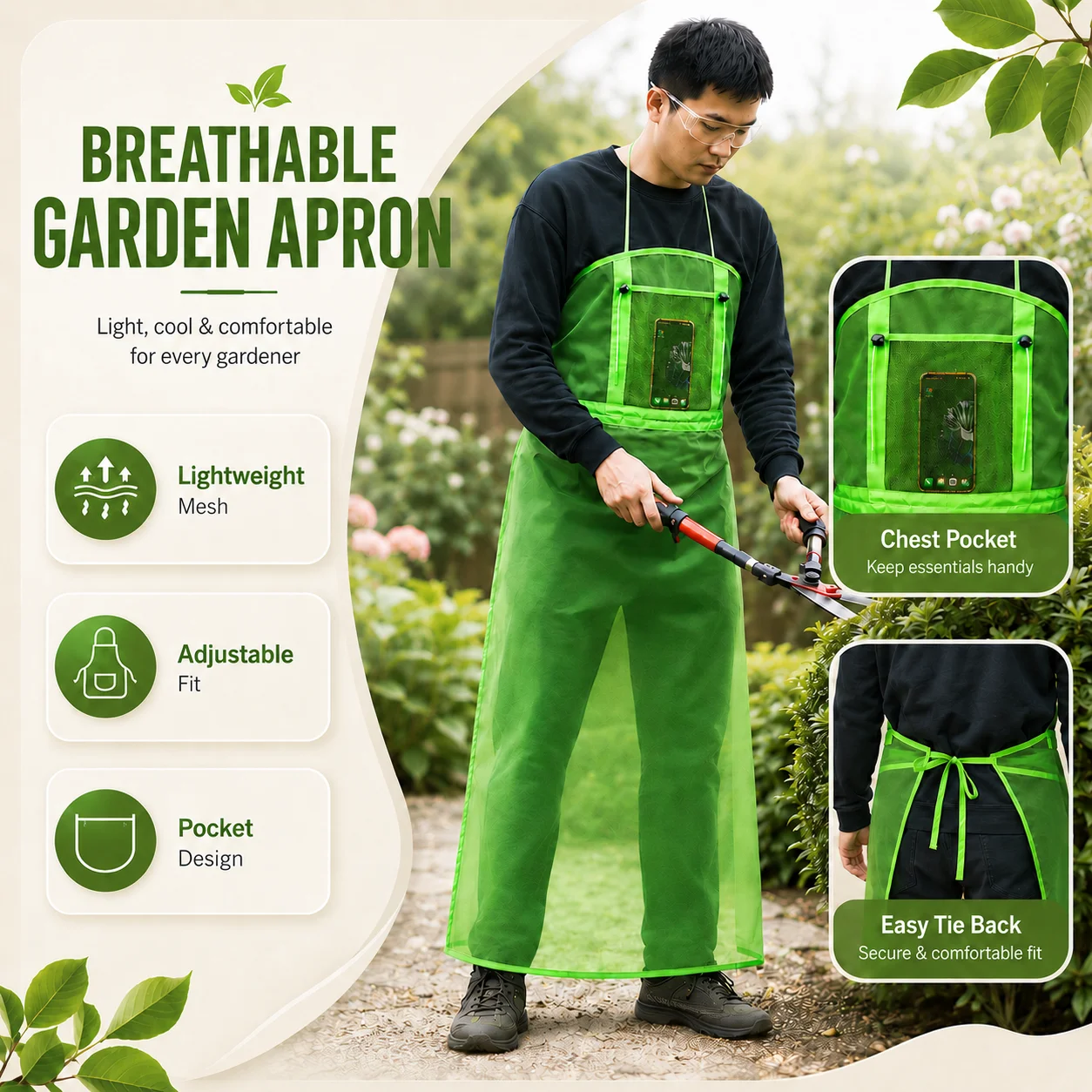 Lawn Mower Apron, Breathable Mesh Full Coverage Workwear with Pockets, Gardening Trimming Landscaping Safety Apron