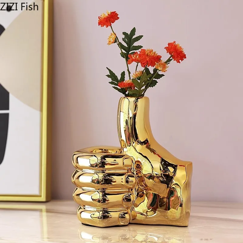 Creative Thumbs Encourage Resin Vase Desk Decoration Ornaments Flowers Arrangement Fist Shape Floral Vases Room Aesthetic Decor