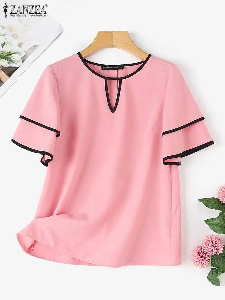 ZANZEA Women Ruffled Short Sleeve Blouse 2024 Summer Round Neck Shirts Elegant Hollow Out Tops Casual Loose Colorblock Tunics