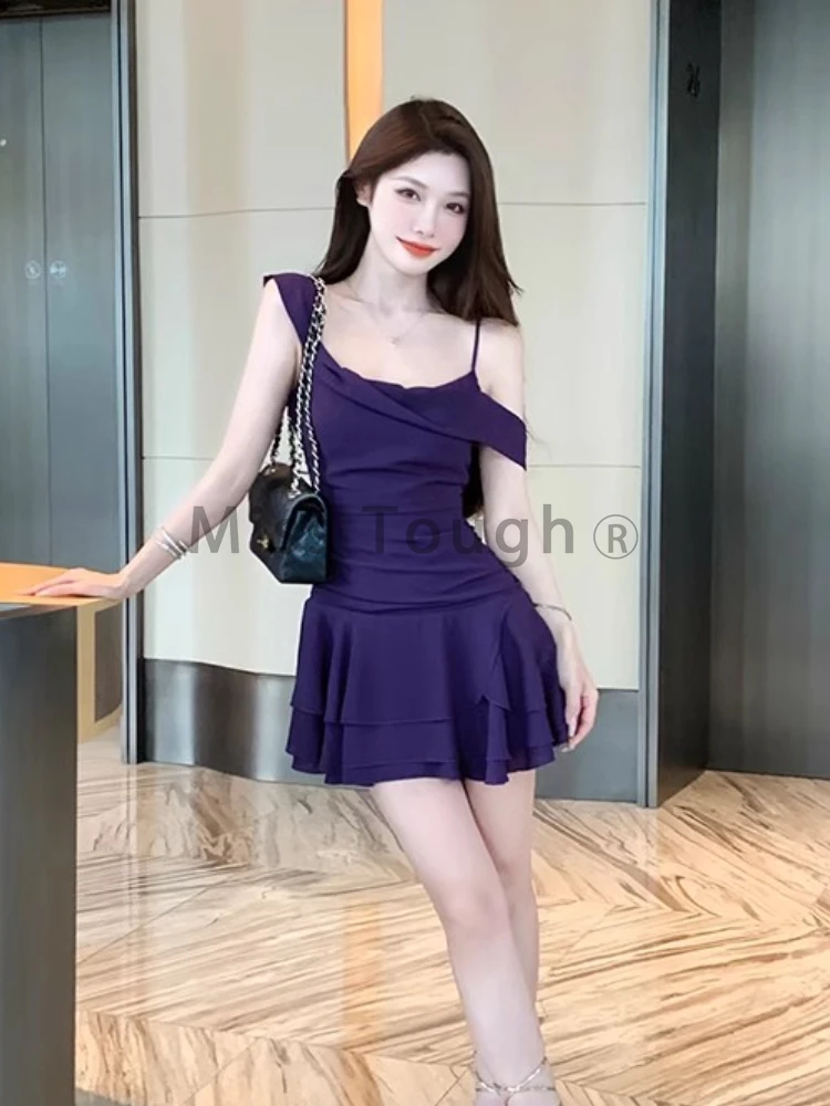 Summer Sexy Purple Sleeveless Party Dress Women Fashion Y2k A-line Slim Streetwear Dresses Elegant Chic Pleat Waist Up New Dress