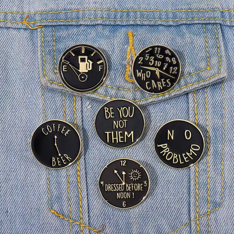 Black Clock Numero Enamel Pins Custom Coffee Brre Confident Phrases Who Cares No Problem Lapel Brooches Jewelry Gifts Wholesale