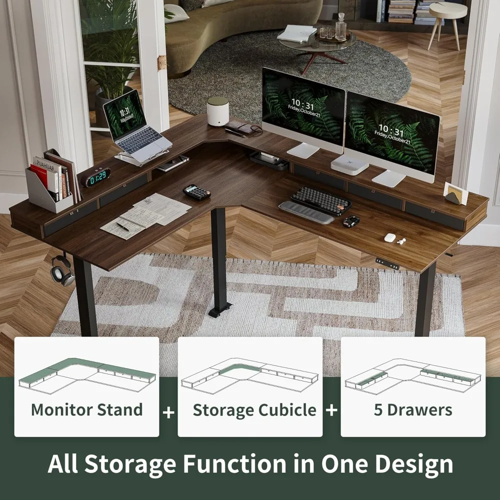 سعة تحميل 75 بوصة، 265 رطل، مكتب قائم على شكل حرف L مع أدراج، مكتب ألعاب كهربائي قائم قابل للعكس بارتفاع قابل للتعديل #4
