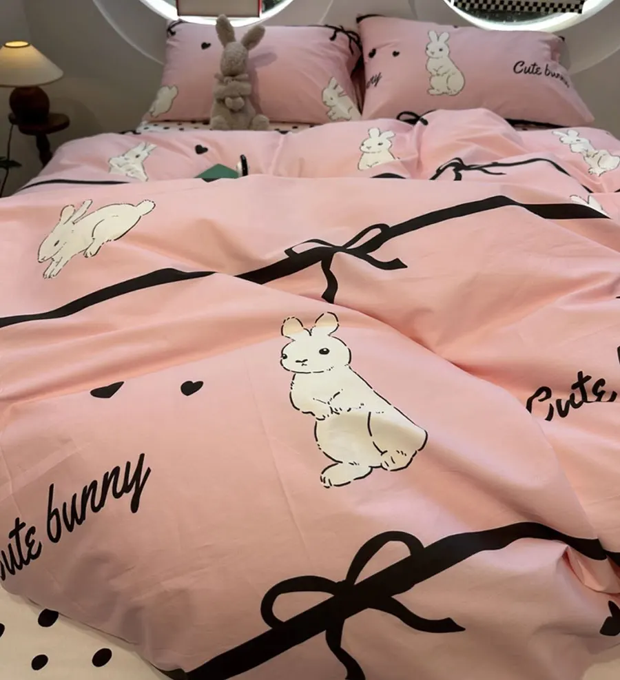 

Sweet cool rabbit polka dot pink black bedding set,twin full queen fashion cotton home textile bed sheet pillow case quilt cover