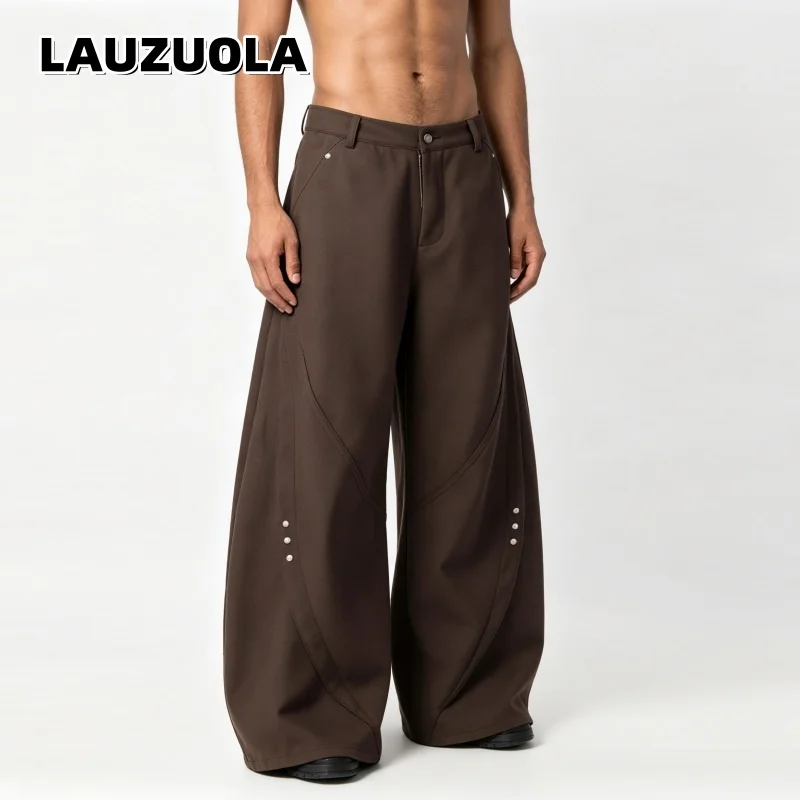 

High Quality Men's Brown Curved Cut Baggy Pants High Waist Streetwear Trousers with Rivet Accents Casual Loose Wide Leg Pants