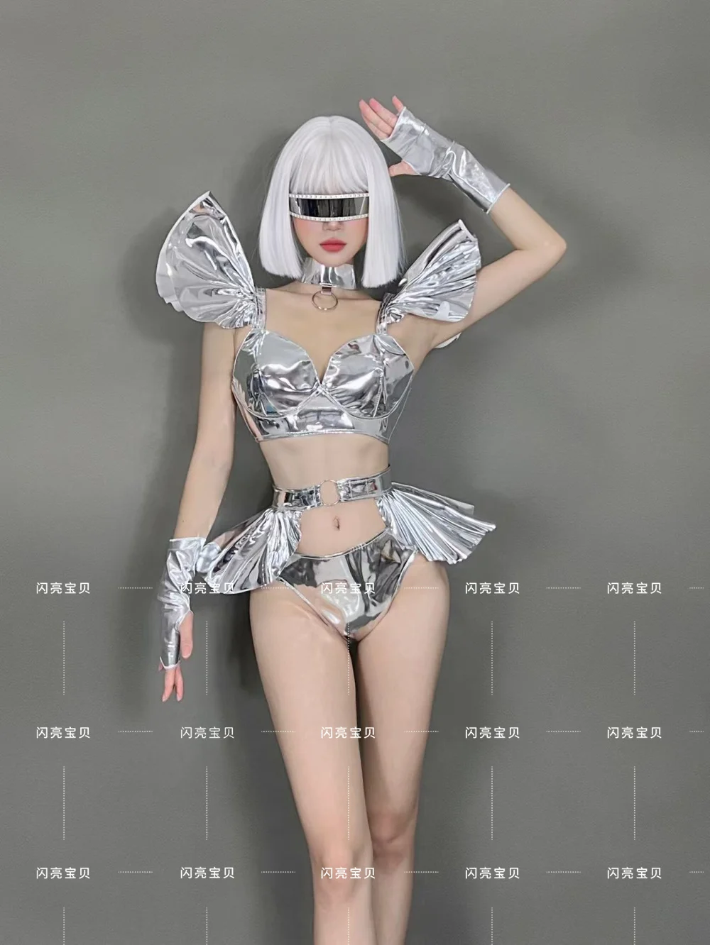 2025 Nieuwe Bar Zilver Ruimte Toekomstige Technologie Trendy Nachtclub DS Toonaangevende Dans Gogo Interactieve Mode Prestaties Jurk Set yk