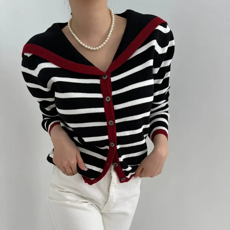 Neploe Fashion Sailor Collar Striped Knitted Cardigan 2024 Autumn Winter New Tops Women Y2k Slim Fit Long Sleeve Sweaters