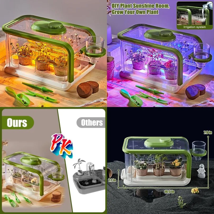 

Plant Growing Kit, Gardening Greenhouse Growing Kit with Drip Irrigation and Grow Lights, Science STEM Toys Terrarium Kit for B
