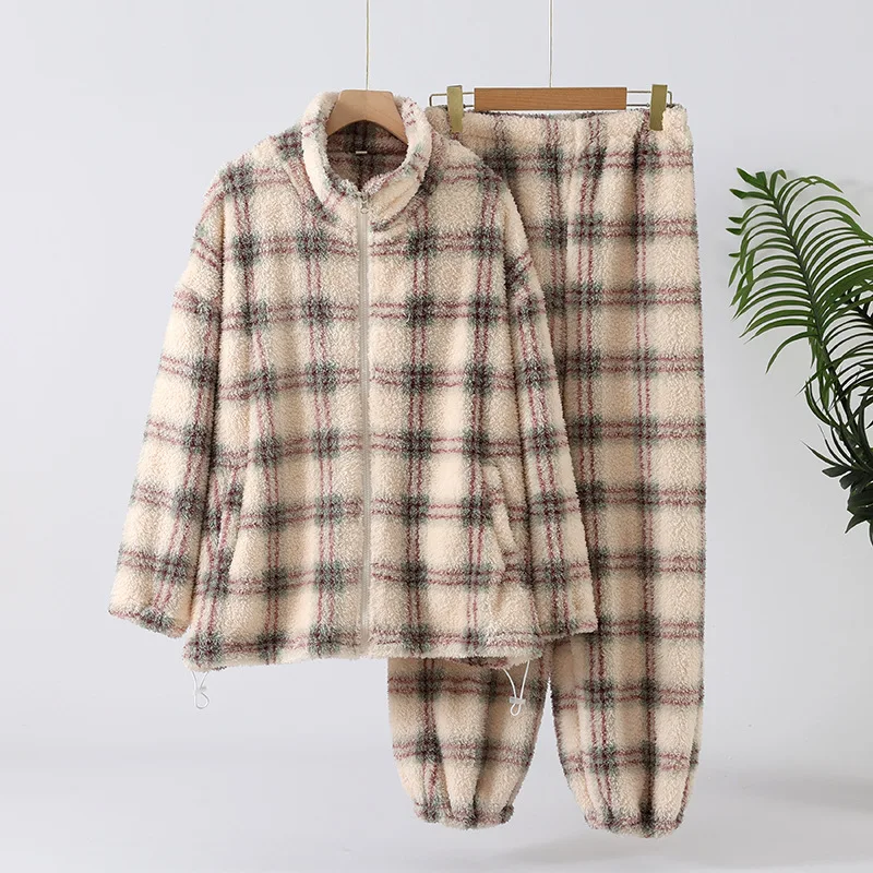 Winter warm women's pajamas flannel thick zipper cardigan, can wear double-sided velvet home clothes two-piece set